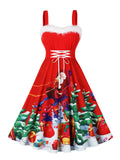 Fur Trim High Waist Lace-Up Corset Dress Red Fit and Flare Winter Christmas Tree Print Women Party Vintage Swing Dresses