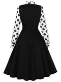 Hepburn Style Black Casual Vintage Office Women's Dress Dot Print Patchwork Long Sleeve Swing Elegant Midi Runway Evening Dress