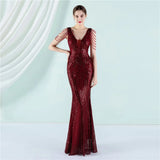 Women White Beading Long Prom Dress Deep V Neck Sequin Evening Sexy Party Maxi Dress