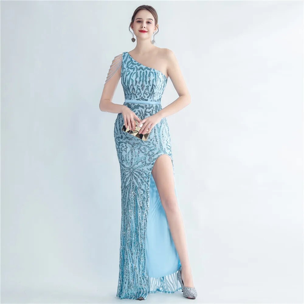 Elegant Slash Neck Sequin Evening Dress Women Beading Long Party Maxi Dress