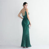 Women Backless Navy Sequin Strap Beading Party Maxi Dress Sexy Slit Evening Dress Long Prom Dress