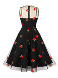 Cherry Embroidered Mesh Black Dresses for Women Bow Neck Keyhole Sleeveless Prom Party Elegant Vintage Dresses