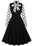 Hepburn Style Black Casual Vintage Office Women's Dress Dot Print Patchwork Long Sleeve Swing Elegant Midi Runway Evening Dress