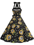 Halloween Cosplay Strapless Vintage Swing Halter Skull Pinup Runway Sundress 50s 60s Casual Holiday Costume Dress