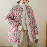 Vintage Flower Print Crop Cotton Jacket For Women Casual Stand Collar Loose Parka Outwear Street Thicken Warm Padded Coat