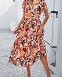2024 Spring Summer Casual Holiday Floral Print Vintage Dress for Women Short Sleeve V Neck Midi Long Runway Flare Dresses