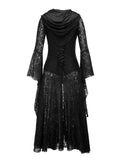 Hooded Black Lace Gothic Clothes Lolita Dresses for Women Flare Sleeve Lace-Up Back Medieval Vintage Maxi Dress