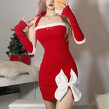 Christmas White Bow Decoration Design Sense Red Vitality Women Mature Sexy Hot Slim Fit Halter Knit Dress