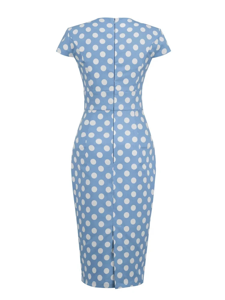 Polka Dot High Waist Elegant Bodycon Pencil Dresses for Women Cap Slee jetechband Polka Dot High Waist Elegant Bodycon Pencil Dresses for Women Cap Slee jetechband