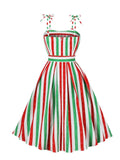 Green Red Striped Print Christmas Dress Women Knot Strap High Waist Bow Tie Belt 2024 Summer Pleated Vintage Dress