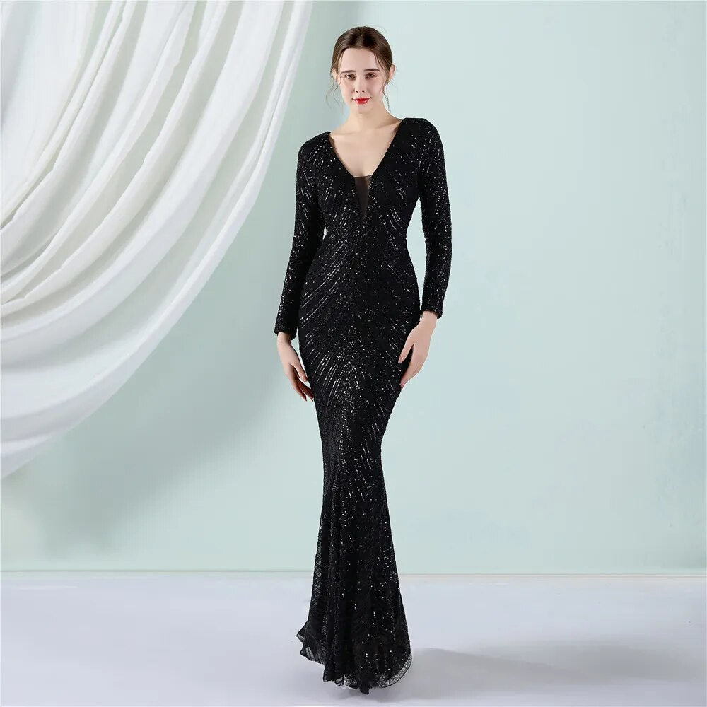 Stretch Black Sequin Maxi Dress Full Sleeve V Neck Mermaid Stripes Evening Night Long Party Dress