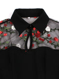 Floral Embroidered Mesh Long Sleeve Elegant Party Dress Vintage Women Turn-Down Collar Keyhole Black A-Line Mini Dresses