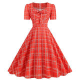 Pink Plaid Party Dresses Women Elegant Vintage Square Collar Short Sleeve Casual Summer Dress