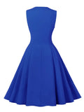 Knot V-Neck Ruched High Waist Green Solid A-Line Swing Dresses for Women Vintage Style Sleeveless Summer Dress