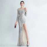 Off Shoulder Feather Sequin Dress Full Sleeve Evening Night Long Party Maxi Dress