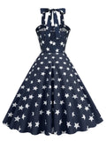 Halter Neck Star Print 50s Robe Summer Fit and Flare Swing Dress Women Evening Party Sexy Backless Vintage Clothes