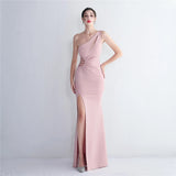 Sexy Slit Dress Women One Shoulder Soft Satin Pleat Beading Long Evening Dress Party Maxi Dress