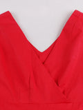 Red Pleated Plain Solid Vintage Dress Women Wrap V-Neck Belted Elegant Party Retro Cotton Summer Dresses