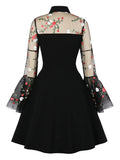 Floral Embroidered Mesh Long Sleeve Elegant Party Dress Vintage Women Turn-Down Collar Keyhole Black A-Line Mini Dresses