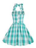 Pink Gingham Halter High Waist Kids Vintage Dresses Summer Backless Party Pleated Princess Dress for Baby Girls