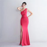 Sexy Slit Women One Shoulder Soft Satin Pleat Beading Long Evening Dress Party Maxi Dress