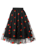 Vintage Cherry Cute Skirts Embroidered Mesh Overlay Women Spring Summer High Waist Black Pleated Long Skirt
