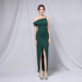 Women Soft Satin Slash Neck Evening Dress Sexy Green Slit Party Maxi Dress Prom Dress