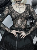Y2k Style Fairycore See Through Lace Shirts V Neck Flared Long Sleeve Crop Tops