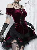 Autumn Velvet Party Vintage Women's Dress Hot Girl Dark Red Retro Costume Cosplay Sundress Sexy Y2k Mini Ruffle Dress
