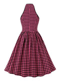 Pink and Black Plaid Sleeveless Pleated Rockabilly Dresses for Women Stand Collar Keyhole Knot Front Vintage Party Dress