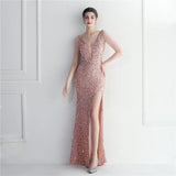 Women Beading Deep V Neck Velour Sequin Evening Dress Sexy Party Maxi Long Prom Dress