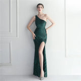 Sexy Slit Green Sequin Women Slash Neck Long Evening Dress Party Maxi Dress