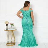 Plus Size Women Elegant Strap Party Maxi Dress Blue Sequin Evening Dress Long Prom Dress