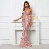 Women Pink Sequin Strap Beading Party Maxi Dress Sexy V Neck Evening Dress Long Prom Dress