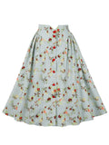 Notch Elastic Waist Multicolor Floral Print Pleated Skirt Single Breasted Women Summer Vintage Long Skirts