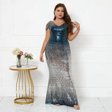 Plus Size Women Blue Silver Sequin Beading Evening Dress Elegant V Neck Party Maxi Dress Long Prom Dress
