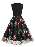 Floral Embroidered Mesh Overlay A-Line Vintage Long Dresses Women V-Neck Elegant Party Robe Femme Black Dress
