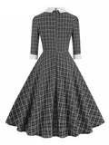 Brown Plaid Rockabilly Vintage Midi Dresses Turn-Down Collar Bow 3/4 Length Sleeve Autumn Winter Women Elegant Dress