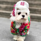 Classical China Northeast Flower Cotton Coat Overalls New Year Costume Thick Warm Jumpsuit Winter Dog Clothes