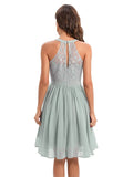 Floral Lace and Pleated Chiffon Sleeveless Vintage Dress Halter Summer Women Elegant Party Fit and Flare Dresses