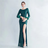 Stretch Feather Sequin Dress Full Sleeve Evening Night Long Party Maxi Dress