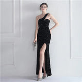 Sexy Slit Black Velour Sequin Evening Women Slash Neck Party Maxi Long Prom Dress