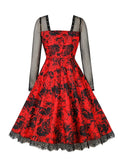 Square Neck Fishnet Long Sleeve Red Print Vintage Dress Women Lace Hem Halloween Evening Party A-Line Dresses