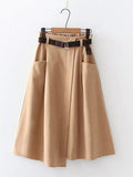 Women Casual Skirts Spring Autumn Solid High Waist Irregular Pockets Midi Skirts Fashion Simple Elegant Saia Faldas