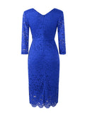 Red Elegant Floral Lace Office Lady Pencil Dress Vintage Women V-Neck 3/4 Length Sleeve Bodycon Sheath Dresses
