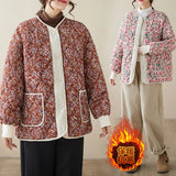 Vintage Flower Print Crop Cotton Jacket For Women Casual Stand Collar Loose Parka Outwear Street Thicken Warm Padded Coat