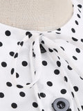 White and Black Vintage Robe Button Front Short Sleeve Polka Dot Dress Prom Women Elegant Belted Pleated Midi Dresses