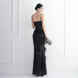 Women Sexy Slit Party Maxi Dress Strap V Neck Feather Evening Dress Green Sequin Long Prom Dress