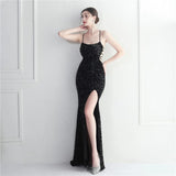 Backless Sexy Slit Long Sequin Party Evening Dresses Luxury V Neck Velvet Stretch Sleeveless Cocktail Prom Dress