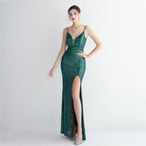 Women Backless Green Sequin Strap Beading Party Maxi Dress Sexy Slit Evening Dress Long Prom Dress